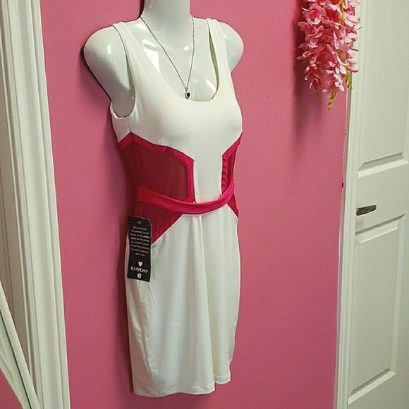 NWT ๐๐๐Bebe Neon Spandex Panel White Slim Dress Size S - Picture 5 of 16